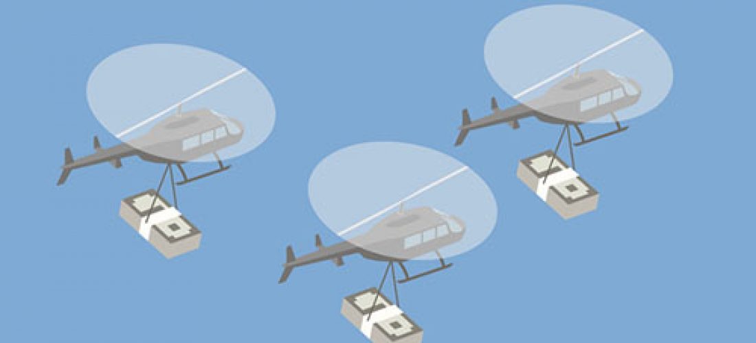 Helicopters fly through the air while airlifting oversized stacks of cash  in this isometric vector illustration