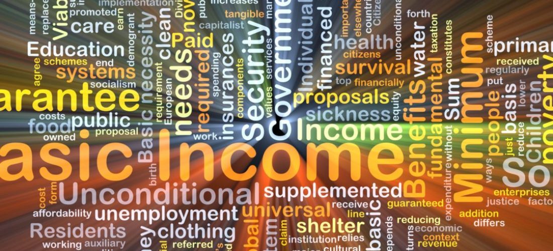 Background concept wordcloud illustration of basic income glowing light