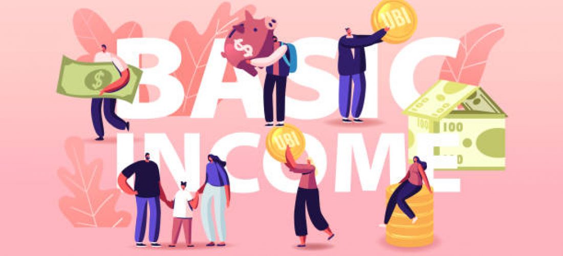 Ubi, Universal Basic Income Concept. Characters around of House Made of Currency Bills. Men and Women with Coins. People Earn Money, Family Needs Poster Banner Flyer. Cartoon Vector Illustration
