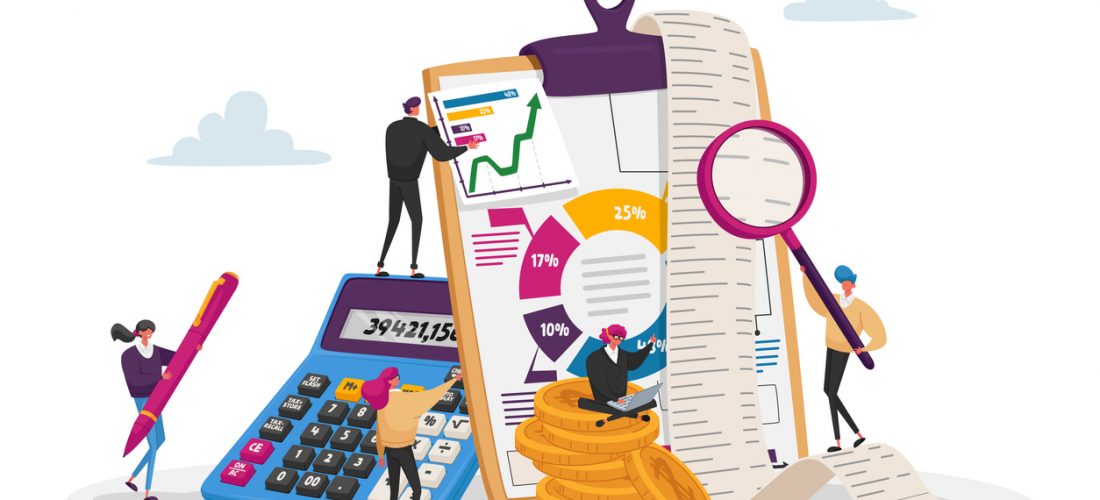 Organizing Accounting, Financial, Banking Data. Tiny Accountant Characters around of Huge Clip Board Filling Bookkeeping Graphs and Charts Counting Debit and Credit. Cartoon People Vector Illustration